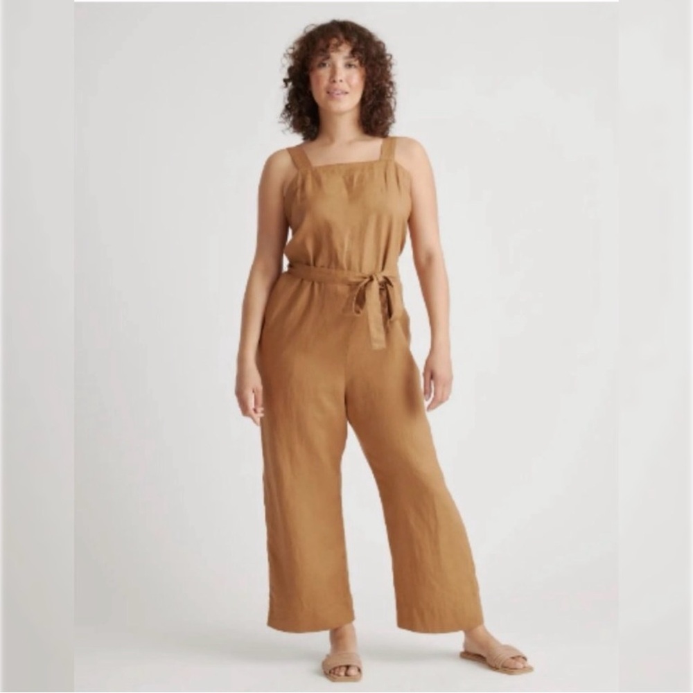 Quince Square Neck Linen Jumpsuit Large Camel Brown Casual Minimalist Neutral